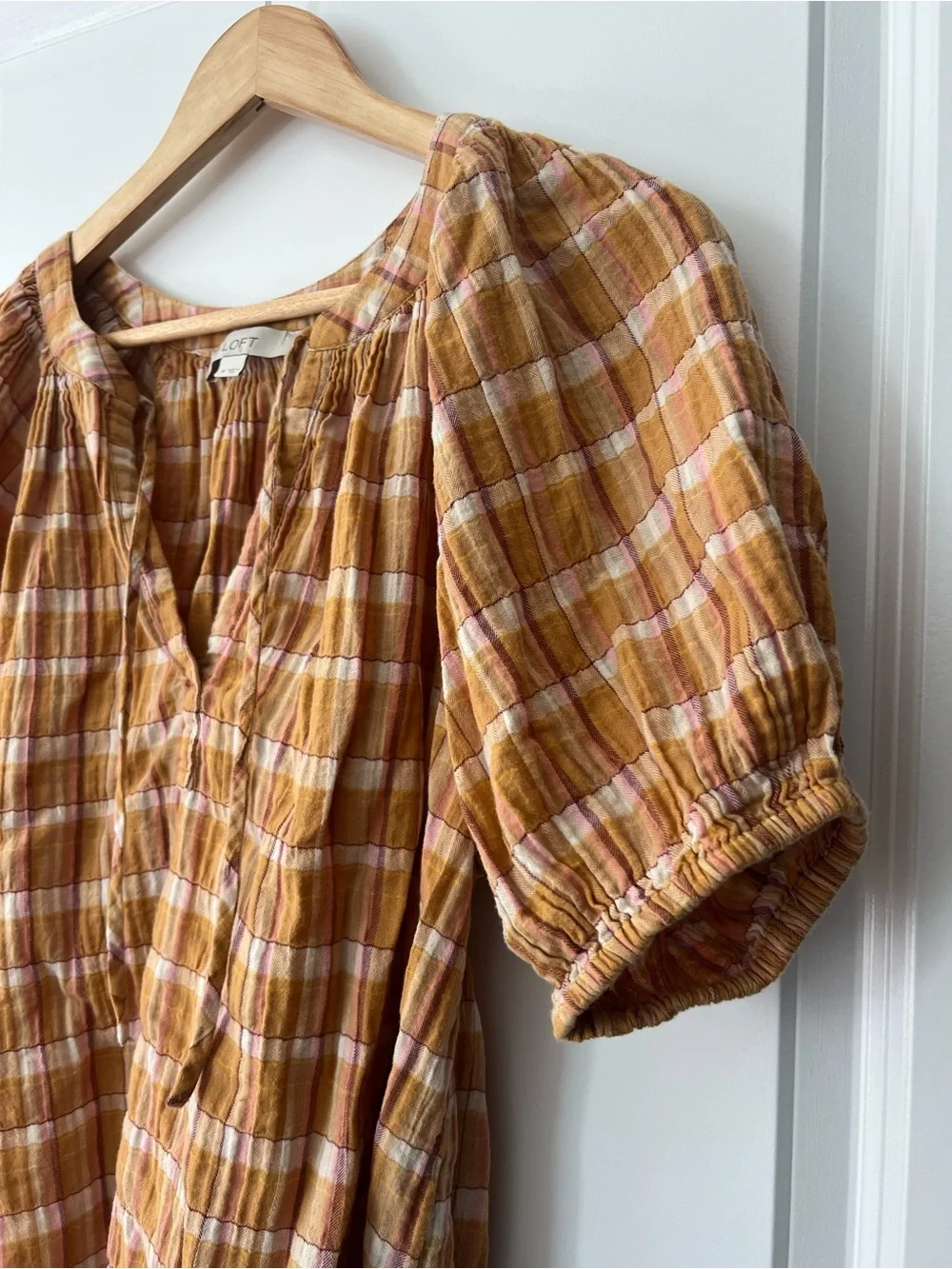 [LOFT] Boho Plaid Puff-Sleeve Peasant Top - Mustard